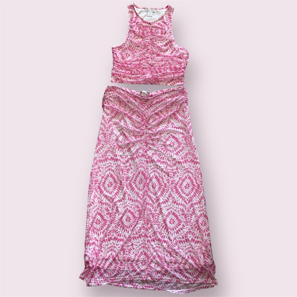 House of Harlow 1960 Pink & White Ruched 2 piece Crop Top And Skirt. Sz. Large